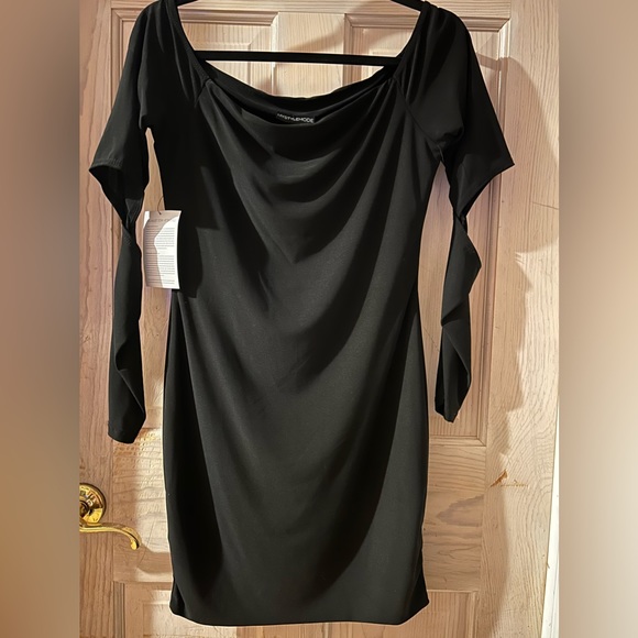 THE MYSTYLEMODE BLACK DOUBLE LINED OFF THE SHOULDER ELBOW CUT OUT MINI DRESS - Picture 5 of 9
